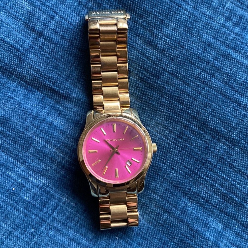 MK stainless steel gold tone women watch with gorgeous fuchsia face!